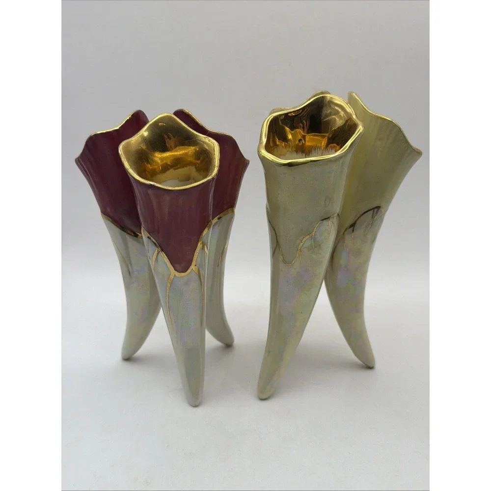 2 Japanese Lusterware 3 Horn Flower Vases Iridescent Purple Gold 6.5